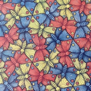 May include: A repeating pattern of blue, yellow, and red butterflies. The butterflies are arranged in a tessellating pattern, creating a seamless design.