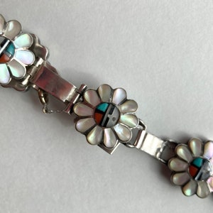 Vintage Zuni Sunface Squash Blossom Link Bracelet Hallmark Sunface