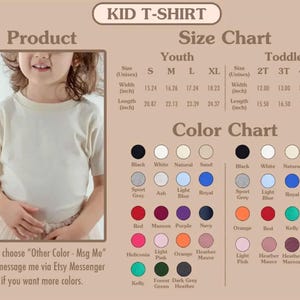 May include: A beige Kid T-shirt with a size and color chart. The size chart includes measurements in inches for youth and toddler sizes. The color chart displays various colors, including black, white, and navy.