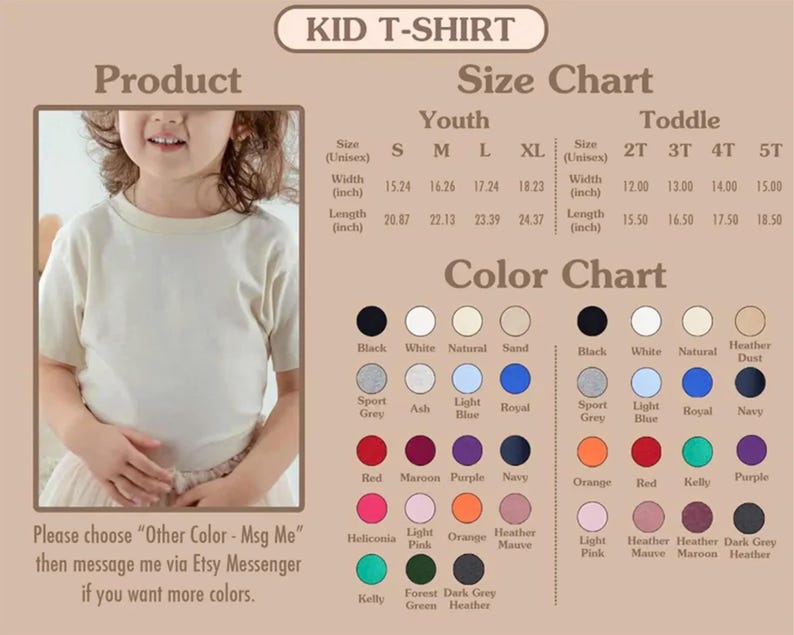 May include: A beige Kid T-shirt with a size and color chart. The size chart includes measurements in inches for youth and toddler sizes. The color chart displays various colors, including black, white, and navy.
