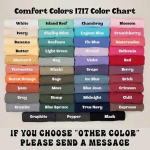May include: Color chart of Comfort Colors 1717, featuring a wide array of hues. The chart displays colors like white, blue, green, pink, and more. Text at the bottom reads, "IF YOU CHOOSE 'OTHER COLOR' PLEASE SEND A MESSAGE."