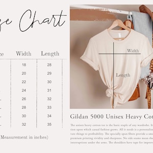 May include: A cream-coloured Gildan 5000 Unisex Heavy Cotton Tee, shown with a size chart. The chart details sizes S to 5XL, with width and length in inches. The tee is on a hanger. Text describes the shirt's features, including its cotton material.