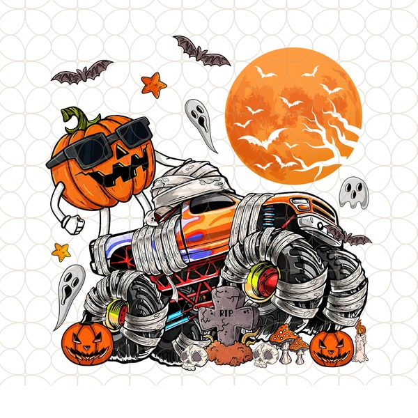 Boys Halloween Monster Truck Pumpkin Spooky Season PNG