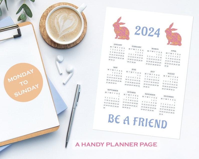 2024 Printable A3 Calendar Rabbits Rabbit Design Planner Etsy