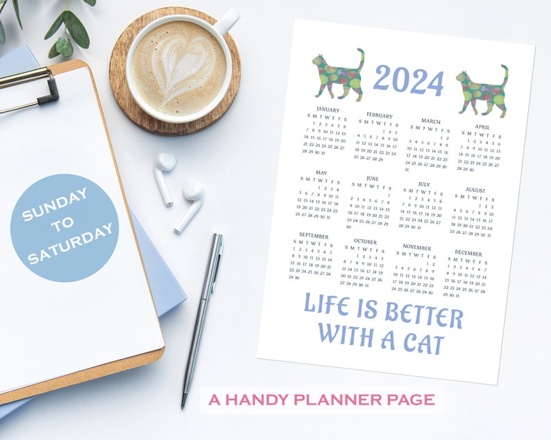 Printable 2024 Calendar A4 US Letter Cat Quotation Wall Etsy