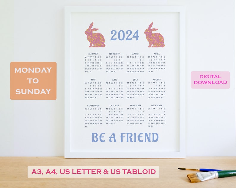 2024 Printable A3 Calendar Rabbits Rabbit Design Planner Etsy
