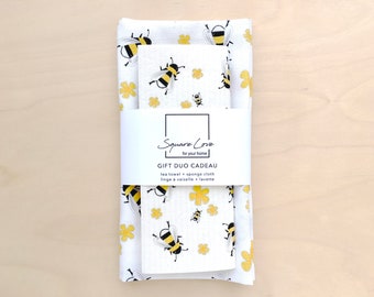 Bees Gift Duo | Linen-Cotton Towel | Sponge Cloth | Christmas & Hostess Gift | Durable | Modern Kitchen Decor | Stocking Stuffer