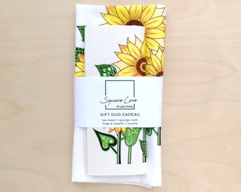 Sunflower Gift Duo  | Linen-Cotton Towel | Sponge Cloth | Christmas & Hostess Gift | Durable | Modern Kitchen Decor