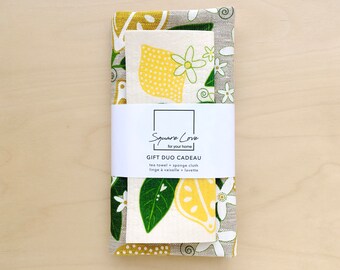 Lemons Gift Duo | 100% Linen Towel | Sponge Cloth | Christmas & Hostess Gift | Durable | Modern Kitchen Decor | Stocking Stuffer