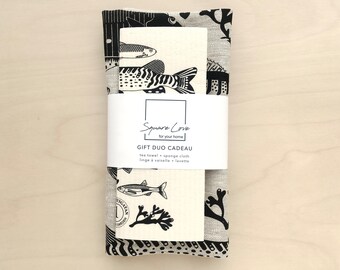 Pond Gift Duo | 100% Linen Towel | Sponge Cloth | Christmas & Hostess Gift | Durable | Modern Kitchen Decor | Stocking Stuffer
