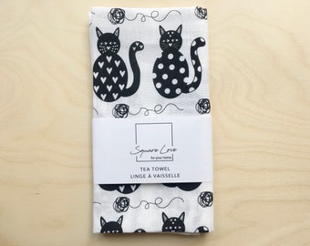 Cats Linen-Cotton Tea Towel | Screen Printed | Eco-Dyes | Scandinavian | Durable | Absorbent  | Stylish Kitchen | Modern Decor | Host Gift