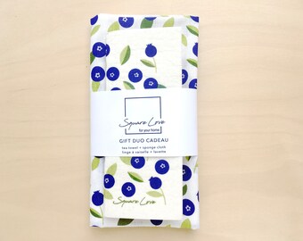 Blueberry Gift Duo | Linen-Cotton Towel | Sponge Cloth | Christmas & Hostess Gift | Durable | Modern Kitchen Decor | Stocking Stuffer