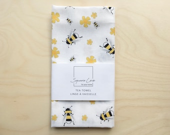 Bees Linen-Cotton Tea Towel | Screen Printed | Eco-Dyes | Scandinavian | Durable | Absorbent  | Stylish Kitchen | Modern Decor | Host Gift