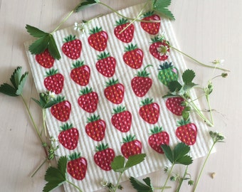 Strawberries Swedish Dishcloth | Sponge Cloth | Smell Free | Reusable Paper Towel | Christmas Gift Stocking Suffer | Greeting Card