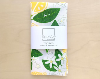Lemons Linen-Cotton Tea Towel | Screen Printed | Eco-Dyes | Scandinavian | Durable | Absorbent  | Stylish Kitchen | Modern Decor | Host Gift