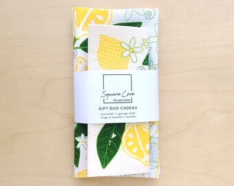 Lemons Gift Duo | Linen-Cotton Towel | Sponge Cloth | Christmas & Hostess Gift | Durable | Modern Kitchen Decor | Stocking Stuffer