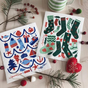 Maritime Holiday Duo Swedish Dishcloth Sponge Cloth Smell Free Reusable Paper Towel Christmas Gift Stocking Suffer Greeting Card image 1