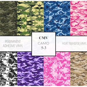Pattern Vinyl, Camo Craft Vinyl, Permanent Adhesive, Removable, & HTV Heat Tape Provided Silhouette Cameo Cricut Cutting Machine Compatible