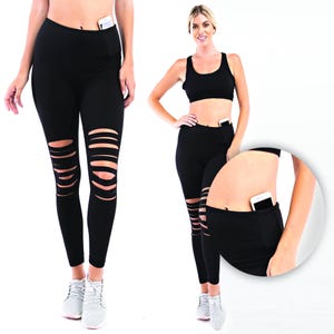 Thick High Waisted Distressed Leggings, Cut & Ripped Leggings, Tummy Control Workout Yoga Pants, Wide Waist Yoga Leggings