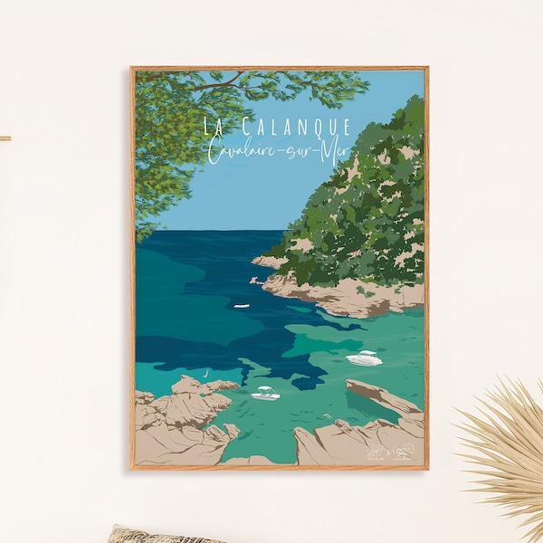 La Calanque, Cavalaire, A1, Affiche colorée, illustration, Provence