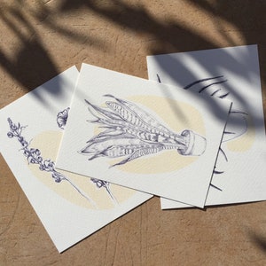Set of three illustrated vegetable postcards for gift or wall decoration, A6