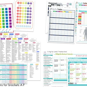 May include: A set of printable workout and meal planning sheets for the 21 Day Fix program. The sheets include a workout calendar, a weight tracking sheet, a measurement tracker, and meal plans for different food groups. The sheets are colorful and feature a variety of graphics.
