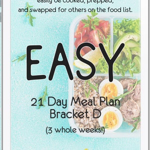 Easy 21 Day Meal Plan D, no recipes, only simple foods, includes detailed grocery list