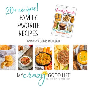 May include: A digital tablet displaying a cover for a cookbook titled "Family Favorite Recipes" by Becca Judlam, with a photo collage of various dishes. The text "My Crazy Good Life" is also on the cover. The cookbook includes 20+ recipes with WW & Fix Counts included. The image also shows a variety of dishes, including biscuits, chili, salsa, and soup.