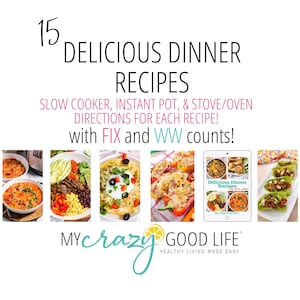 Może przedstawiać: Kolaż zdjęć prezentujący 15 pysznych przepisów na kolację. Przepisy obejmują instrukcje dotyczące wolnowaru, szybkowaru i kuchenki/piekarnika. Tekst "with FIX and WW counts!" jest również uwzględniony. Obraz zawiera różnorodne dania, w tym miskę chili, miskę sałatki, talerz faszerowanych papryk i talerz tacos.