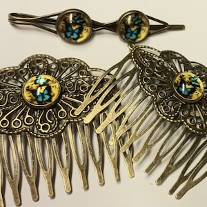 Womens Hair Combs set For Her - Butterfly Carbochon Hair Comb - Decoratieve Hair Comb - Gold Golden Vintage Victorian Hair Piece - Art Deco
