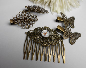 Butterfly Filigree Women's Hair Combs Set For Her, Cabochon Comb, vintage clips  - Gold Vintage Victorian Hair - Valentines Day Gift