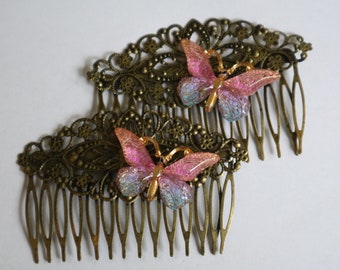 Womens Hair Combs Set - Butterfly Filigree Comb - Decorative Hair Comb - Gold Golden Vintage Victorian Hair Piece - Art Deco Hair Piece