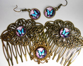 Blue Butterfly Women's Hair Combs Set For Her - Cabochon Comb, pendant and earrings  - Gold Vintage Victorian Hair - Valentines Day Gift