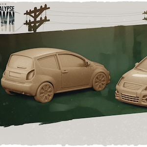 May include: A brown clay model of a small hatchback car, shown from the side and front. The car is a Citroen C1, a popular city car.