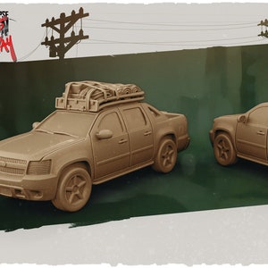 May include: A brown Chevrolet Avalanche pickup truck with a roof rack and luggage on top. The truck is shown from two different angles.