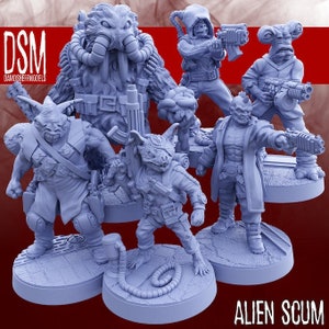 May include: Five miniature figures of alien creatures, painted in a light blue color, stand on circular bases. The figures are posed in various action poses, holding weapons and tools. The figures are labeled "Alien Scum" and "DSM DavidSheffModels".