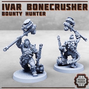 May include: A gray plastic miniature figure of a warrior holding a large hammer. The figure is standing on a round base. The figure is wearing armor and has a spiked mohawk. The figure is labeled "Ivar Bonecrusher Bounty Hunter".