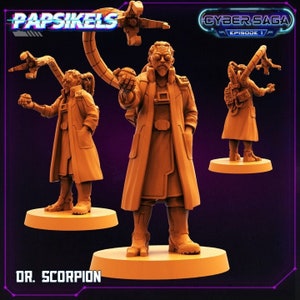 May include: A miniature plastic figure of a scientist wearing a lab coat and goggles, holding a mechanical arm. The figure is standing on a round base. The figure is part of a game called "Cyber Saga: Episode 1".