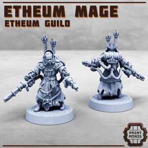 May include: A 3D printed miniature of a fantasy character, a mage with a long robe, holding a weapon and wearing a helmet with a plume. The miniature is painted in a light gray color and is standing on a round base. The text "ETHEUM MAGE" and "ETHEUM GUILD" is visible in the background.
