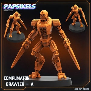 May include: A 3D printed orange robot figure with a skull head and a sword in each hand. The robot is standing on a round base. The text "Compumatron Brawler - A" is printed below the base.