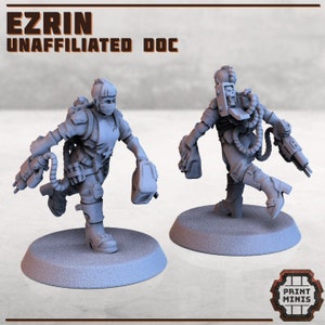 May include: A gray 3D printed miniature of a female figure wearing a futuristic outfit and carrying a medical bag and a weapon. The figure is running and has a medical mask on. The miniature is on a round base.