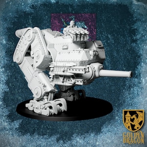 May include: A detailed, light gray model of a mechanical war machine with a large cannon and missile launchers. The model has articulated legs and a detailed cockpit area. It is set on a black base with a Golden Dragon logo in the corner.