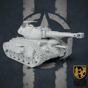 May include: A detailed, white model tank with a long barrel and multiple turrets. The tank has visible treads and intricate detailing. The background features a dark blue and white design with a logo that says "Golden Dragon".