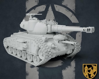 May include: A detailed, white model tank with a long barrel and multiple turrets. The tank has visible treads and intricate detailing. The background features a dark blue and white design with a logo that says "Golden Dragon".