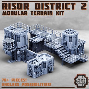 May include: A light blue modular terrain kit titled RISOR DISTRICT 2 MODULAR TERRAIN KIT, featuring 70+ pieces for tabletop gaming. The set includes various industrial building components, walkways, railings, and stairs with intricate mechanical details.