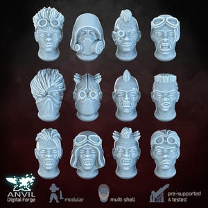 May include: A collection of light blue, stylized head sculptures with various futuristic designs, including goggles, masks, and mohawks. The image includes the text "ANVIL Digital Forge", "modular", "multi-shell", and "pre-supported & tested".