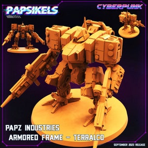 May include: A 3D printed, orange-colored, detailed model of a futuristic robot, called "Terralco", with large guns and a bulky design. The model is on a round base and the text "PAPZ INDUSTRIES ARMORED FRAME - TERRALCO" is below the model. The text "CYBERPUNK" is in the upper right corner of the image and the text "PAPSIKELS" is in the upper left corner of the image.