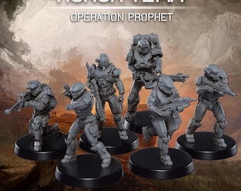 May include: A collection of gray miniature figurines of armored soldiers, each posed with weapons on black circular bases. The text "HONOR TEAM OPERATION PROPHET" is displayed at the top. The word "PRESUPPORTED" is at the bottom.