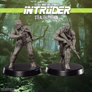 May include: Two gray miniature figures of a soldier, one aiming a pistol and the other holding a rifle. The figures are on black circular bases. The text "INTRUDER Stealth Python" is at the top.