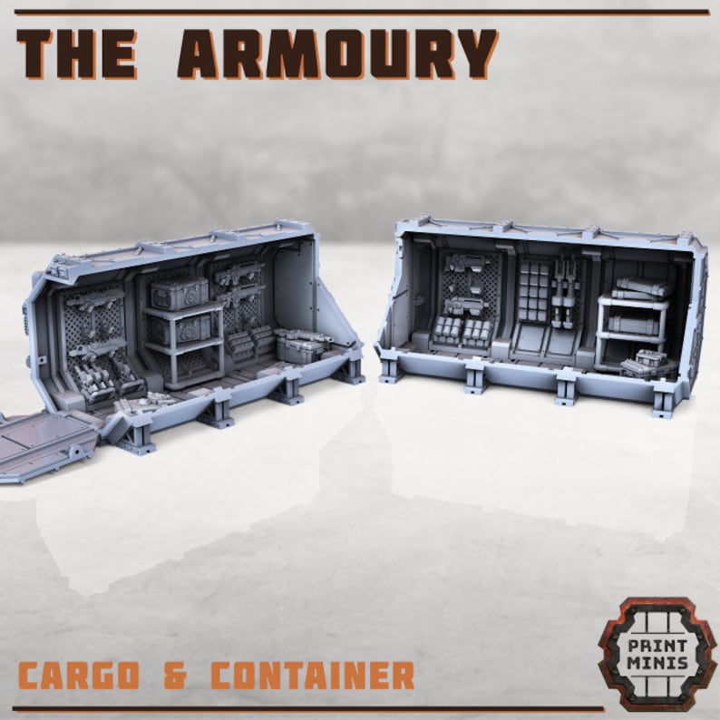 May include: A 3D printed model of a cargo container with an open door revealing a detailed interior with shelves, boxes, and weapons. The container is labeled "The Armoury" and "Cargo & Container".